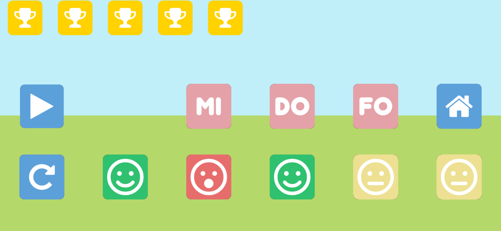 Impariamo le sillabe - Interface of the Italian syllables learning app showing syllables MI DO FO with trophies and feedback emojis