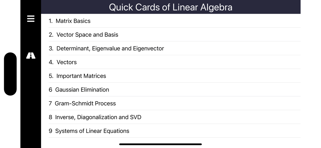 Linear Algebra QCard - Inhaltsverzeichnis, das neun Kapitel mit Lernmaterial zur Linearen Algebra in der QCard App zeigt