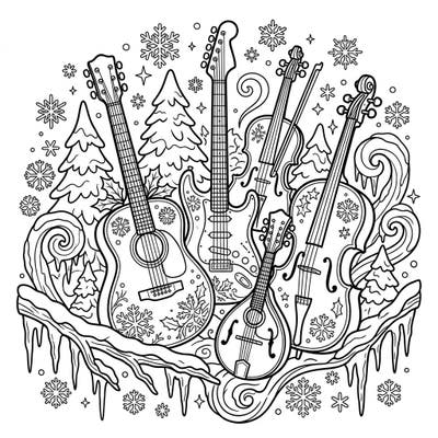 Celebrate the magic of winter with a symphony of string instruments nestled in a frosty landscape. This delightful coloring page features guitars, violins, and more, surrounded by festive snowflakes and icy details, perfect for all ages.