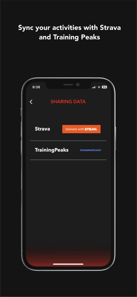 ROTOR Power - ROTOR Power app data sharing screen with Strava and TrainingPeaks connection options