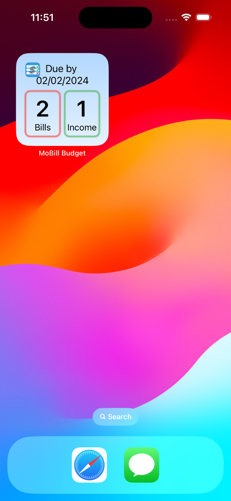 MoBill Budget - MoBill Budget iPhone home screen widget showing summary of upcoming bills and income