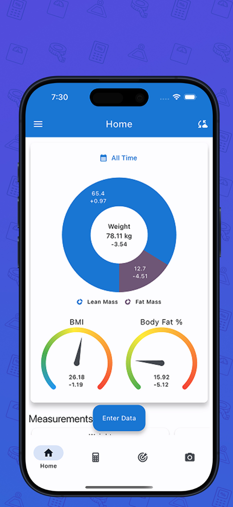 Body Measurement & BMI Tracker - Body Measurement and BMI Tracker home screen showing weight and health charts