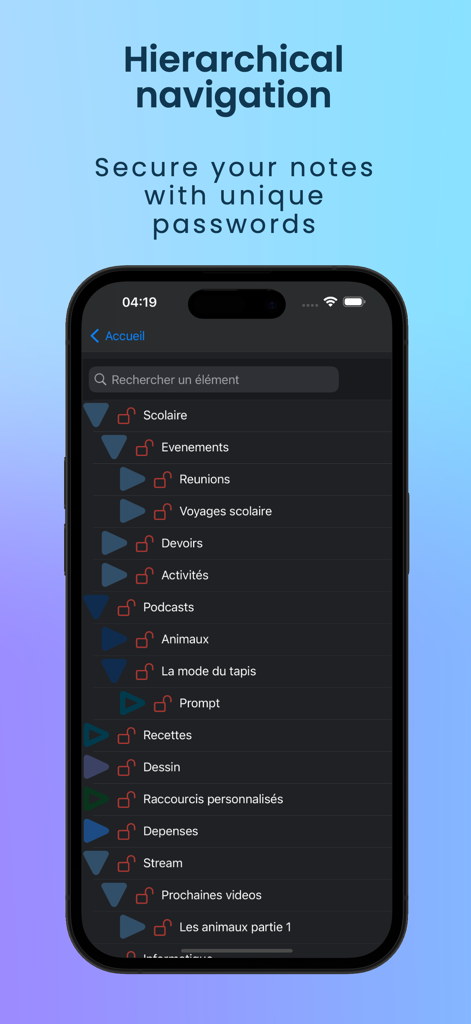 Notes Book PRO - Notes Book PRO app displaying hierarchical navigation and secure note folders with individual password locks