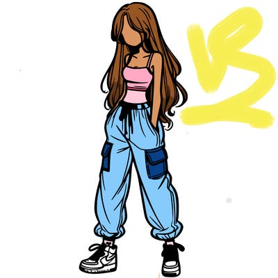 girl in baggy pants crop top and long hair