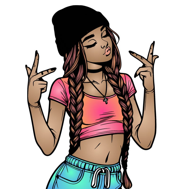 realistic teenage girl with braids and a beanie and crop top doing 🫶🏼