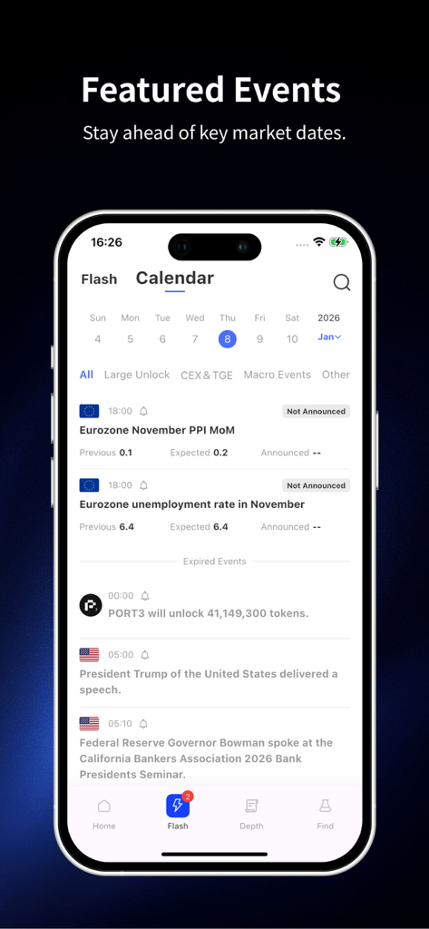 ChainCatcher mobile app screenshot displaying a calendar of featured market events and economic news.