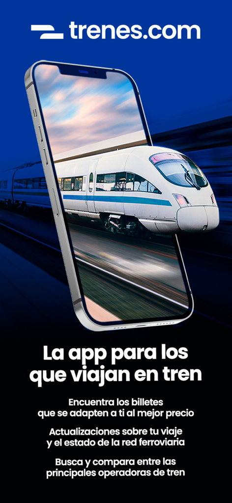 Promotional screen for Trenes.com app showing a high-speed train emerging from a smartphone