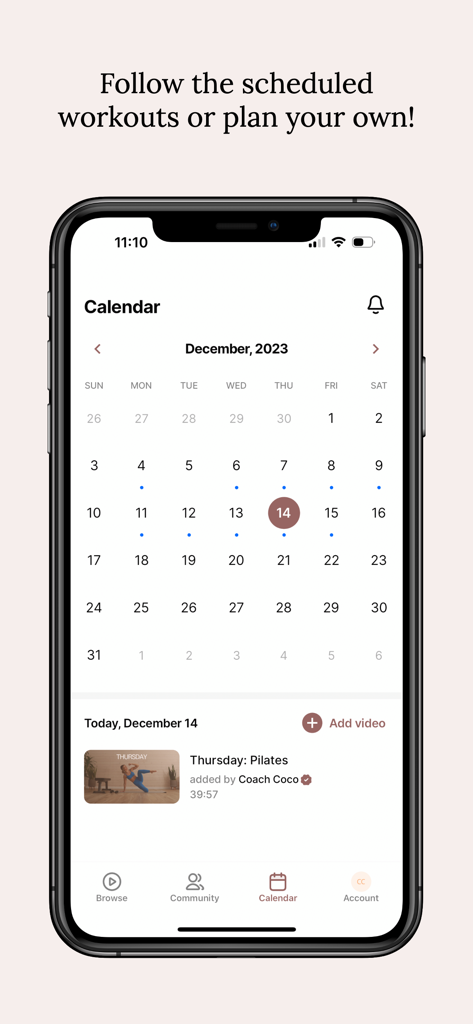 Fit with Coco - Fit with Coco App-Trainingskalender, der ein geplantes Pilates-Video für den Tag anzeigt