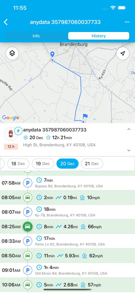 MiFleet Drive - MiFleet Drive app displaying a detailed vehicle activity log with map tracking and trip durations