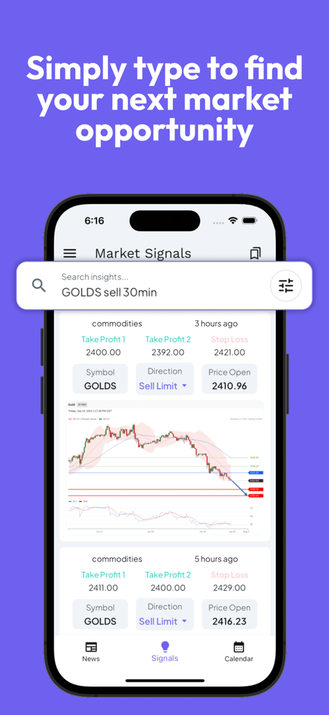 Interface do aplicativo móvel mostrando sinais de trading de ouro e gráficos de mercado