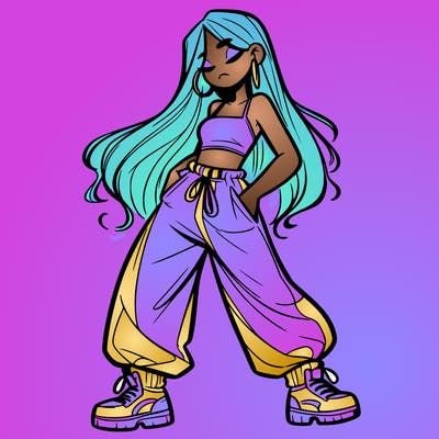 girl in baggy pants crop top and long hair