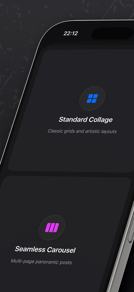 Stitch : Collage Maker - Stitch app menu featuring standard collage and seamless carousel layout options