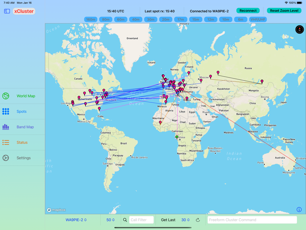 xCluster - xCluster iPadアプリの世界地図にグローバルハム無線交信と信号経路を表示