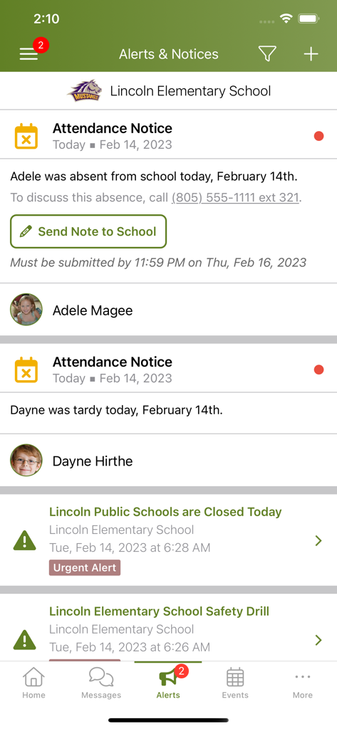 ParentSquare - A mobile app screen for ParentSquare showing school alerts and attendance notifications.