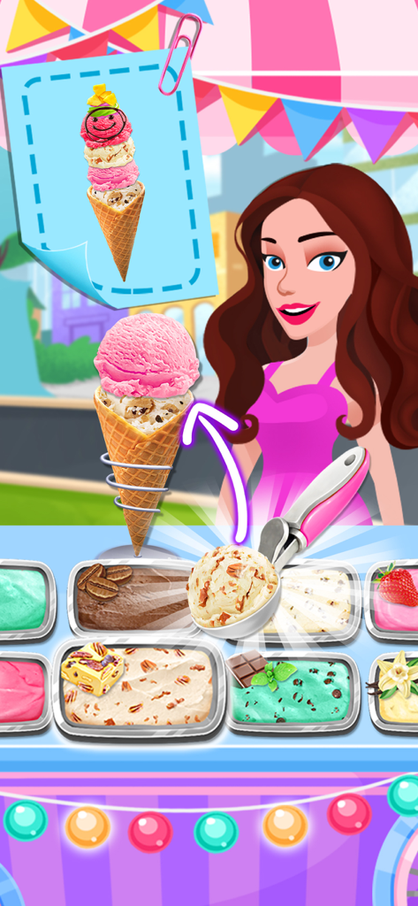 A cartoon girl making a multi scoop ice cream cone with different flavors and toppings in a colorful shop