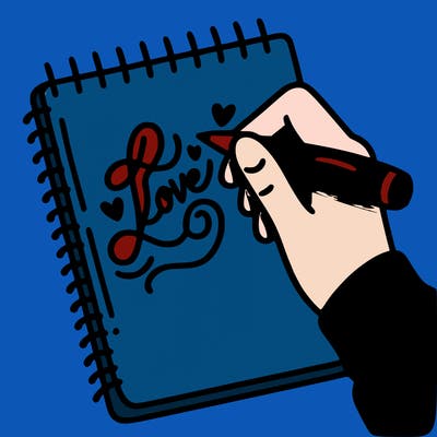 a hand writing “love” in calligraphy on a notebook