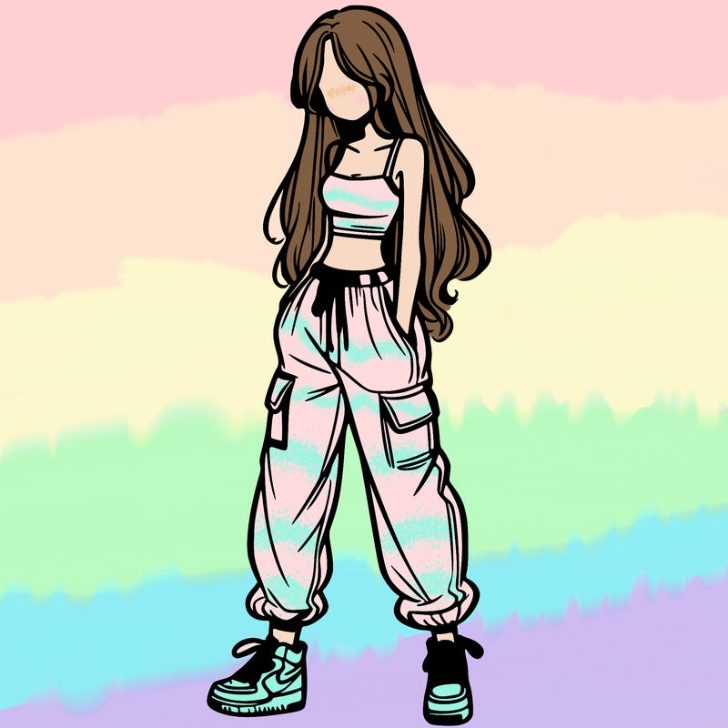 girl in baggy pants crop top and long hair