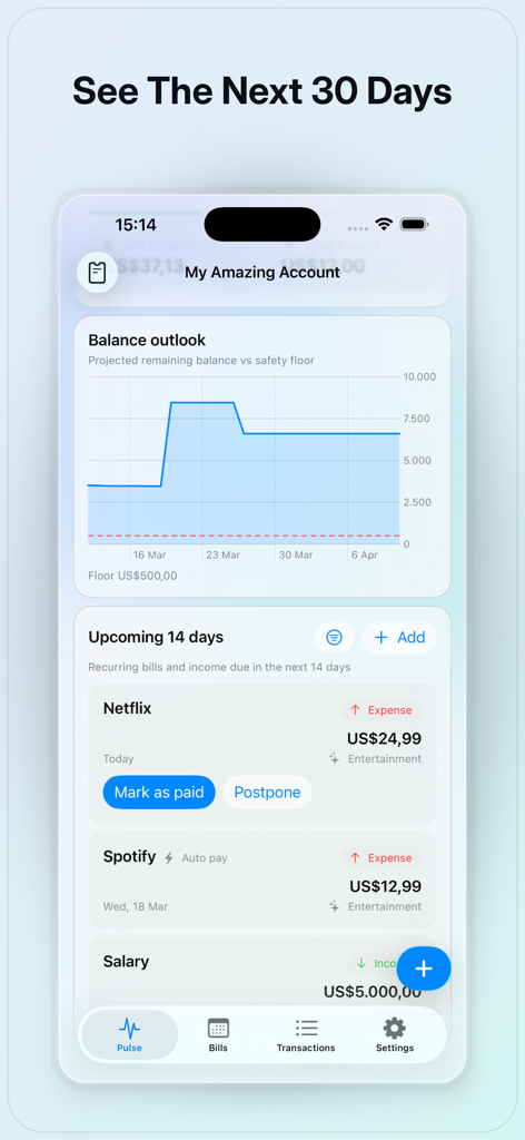 Spending Pulse - Money Tracker - Spending Pulse dashboard showing a 30-day balance outlook graph and upcoming bills