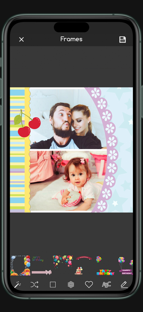 Happy Birthday - Greeting card - Pantalla de la aplicación Feliz Cumpleaños mostrando varios marcos y pegatinas para la decoración de fotos