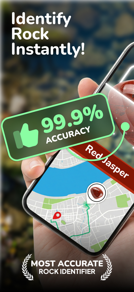 Rock and Mineral Identifier AI - Pantalla de smartphone mostrando Jaspe Rojo identificado con un 99.9 por ciento de precisión y su ubicación en un mapa.