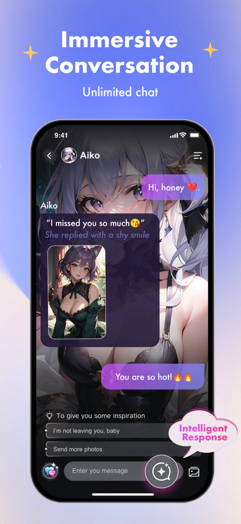 Smartphone screen displaying the SoulTalk app with an immersive AI roleplay chat featuring an anime character.