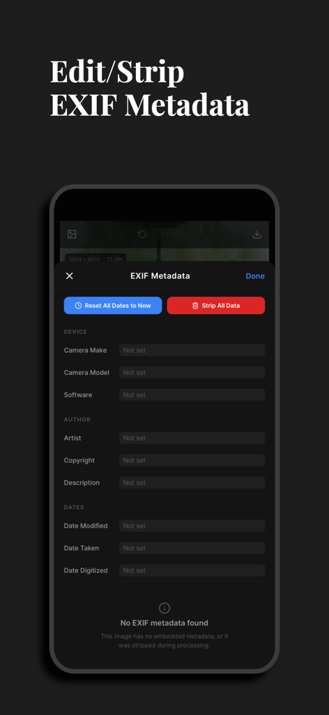 DotPress - Interface de l'application DotPress montrant les outils pour éditer ou supprimer les métadonnées EXIF d'une image.