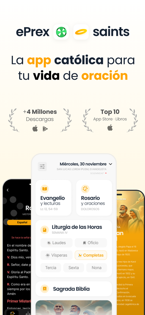 ePrex: Liturgia Horas - Saints - Interface de l'application de prière catholique ePrex affichant la Liturgie des Heures et les lectures quotidiennes