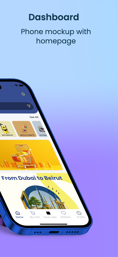 Yubai - Smartphone mockup displaying the Yubai shopping app dashboard with various product categories and a navigation menu