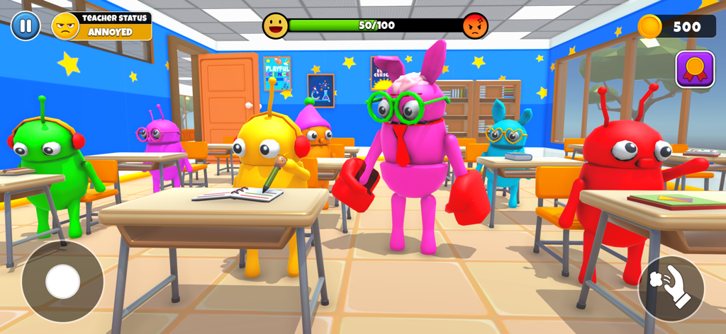 Naughty School Prankster - Eine farbenfrohe Klassenzimmerszene mit Cartoon-Figuren und einem verärgerten Lehrer im Spiel "Frecher Schulstreichler".