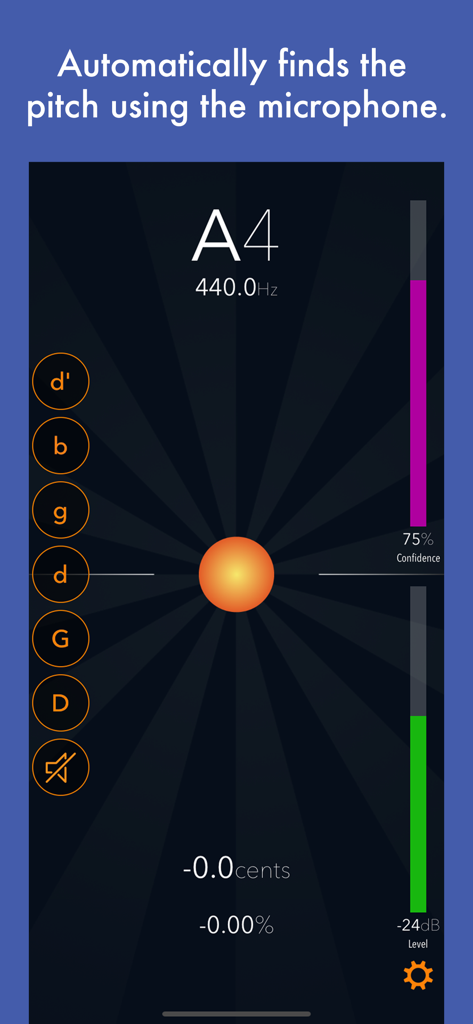 Tuna Pitch chromatic tuner app interface showing pitch detection and frequency analysis for a musical instrument.