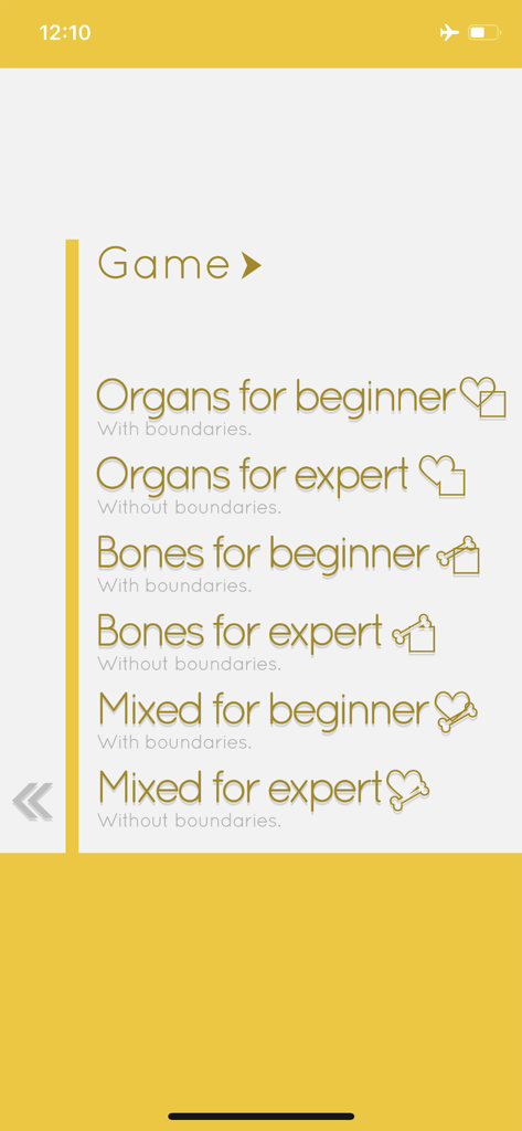 Menu screen showing game levels for organs and bones in beginner and expert modes