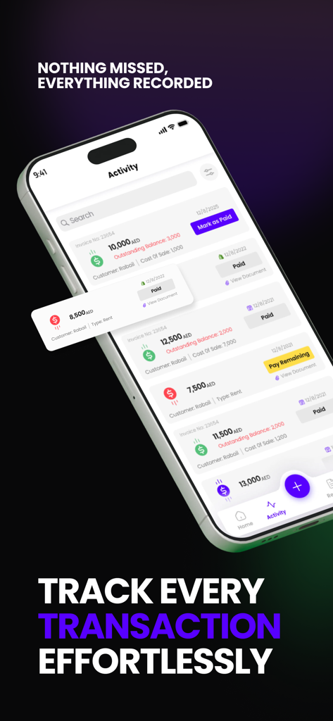 Metric app activity dashboard showing business transaction history and invoice statuses