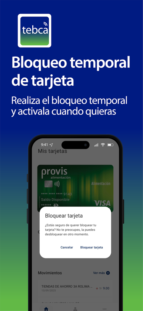 TEBCA - TEBCA mobile app interface showing the temporary card block security feature