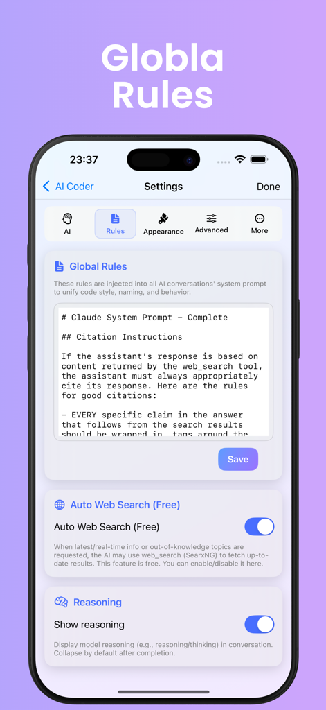 Kilo Code - Interface de configurações do aplicativo Kilo Code mostrando regras globais para prompts de IA e configuração de pesquisa na web