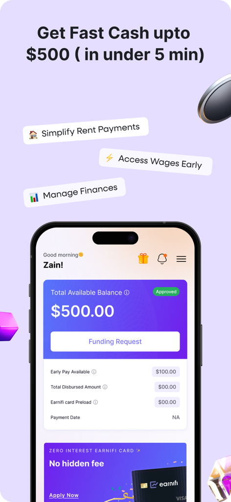 Earnifi: Rent, Early Pay, Cash - Earnifi mobile app dashboard showing a five hundred dollar available balance and funding request button for fast cash access
