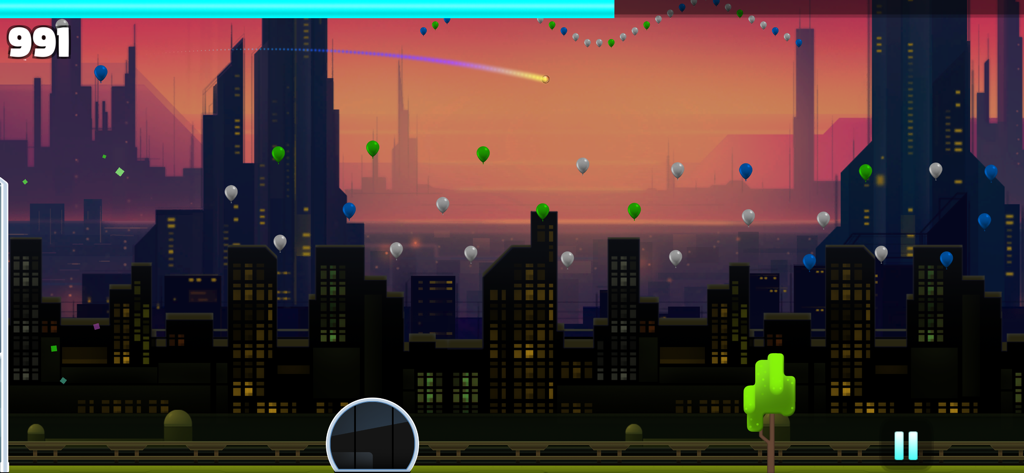 Flick Cricket hit six ball fun - Una pelota de cricket volando sobre el horizonte de una ciudad al atardecer con globos flotantes en el juego Flick Cricket