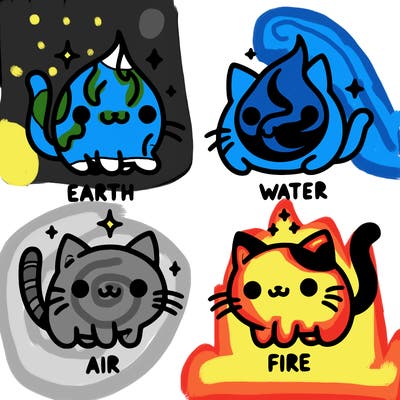4 cats that represent the different elements, earth, water, air, and fire