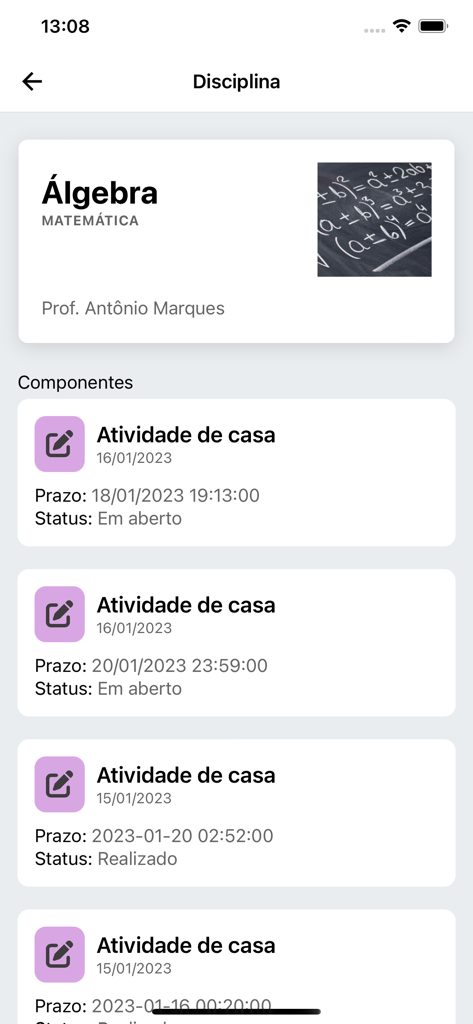TrilhaEdu - A screen from the TrilhaEdu app showing an Algebra class dashboard with a list of upcoming and completed homework assignments.