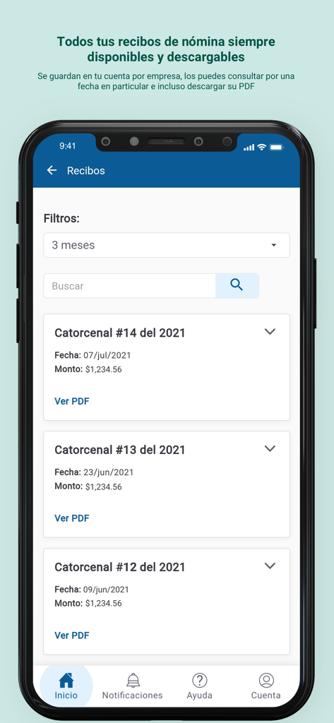 Interfaz móvil de la aplicación +ORDEN que muestra los recibos de nómina y el historial de pagos.