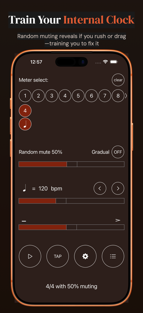 Time Guru Metronome app interface showing random muting and tempo settings for rhythm training