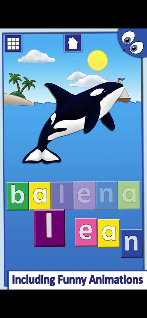 Italian First Words Lite - Educational interface for kids learning to spell the Italian word balena with a whale cartoon.