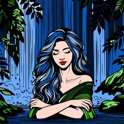 realistic female model under waterfall