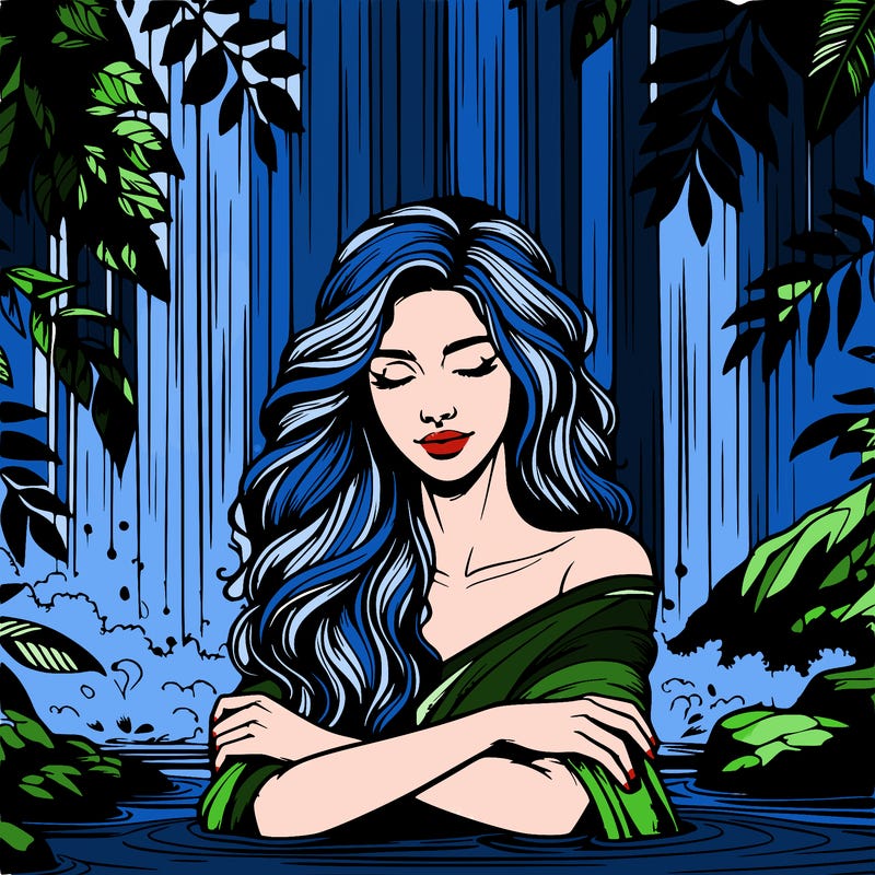 realistic female model under waterfall