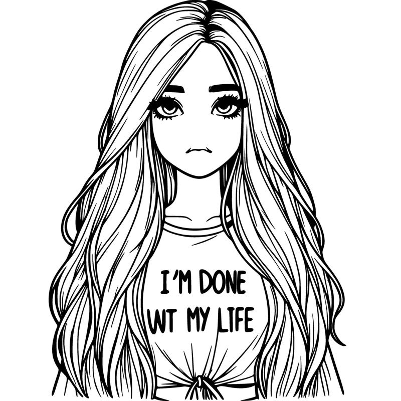 realistic girl with long hair and a shirt saying i'm done with my life