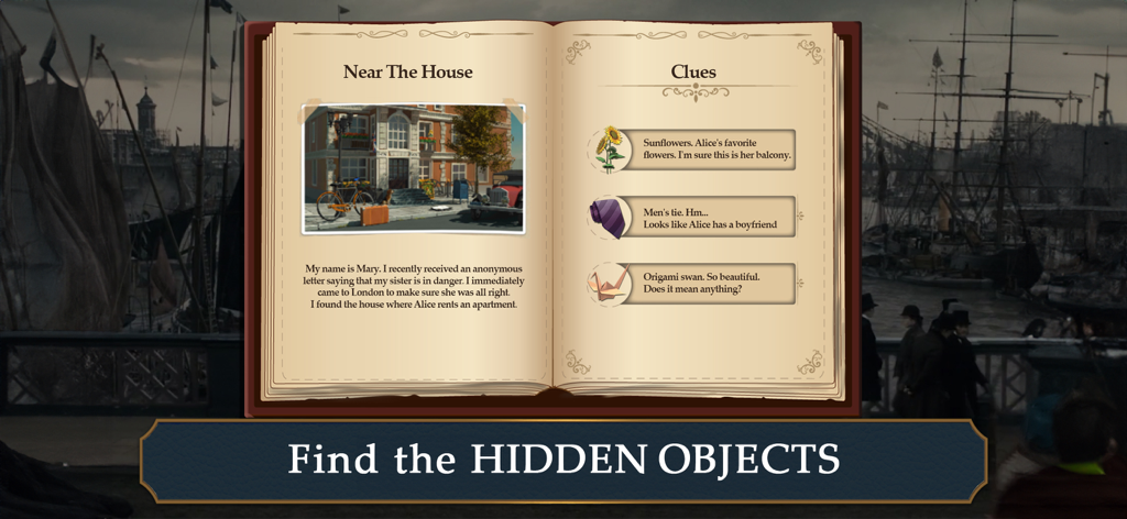 Mary's Mystery: Hidden Object - A vintage style detective journal showing a house photo and clues in Mary's Mystery.