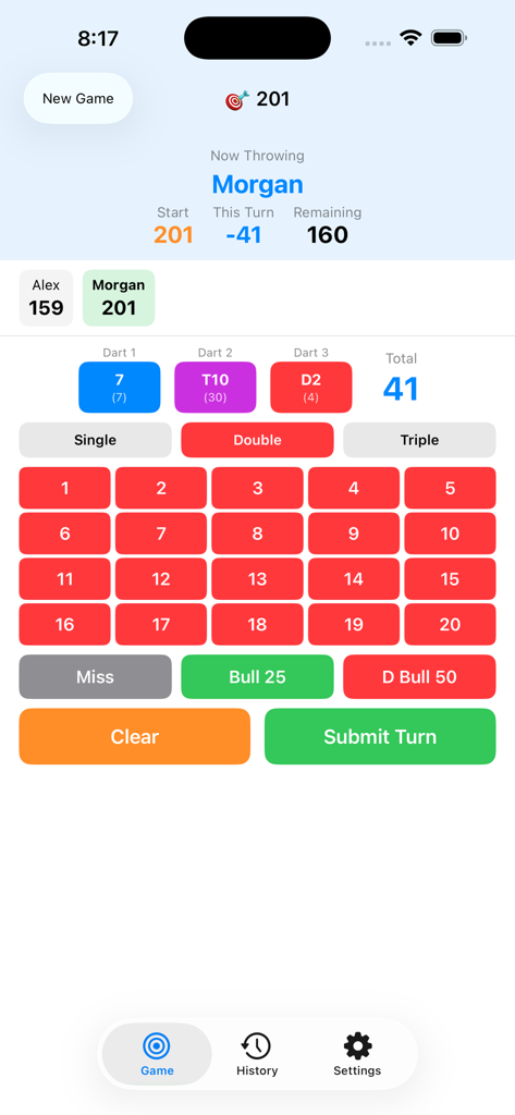 숫자 키패드와 개별 다트 턴 추적이 있는 201 경기 채점 화면을 보여주는 다트 게임 앱의 인터페이스.