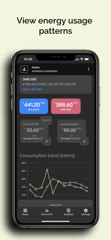 BEL 24-7 - Interface de l'application BEL 24-7 montrant les soldes des factures et un graphique des tendances de consommation d'énergie.