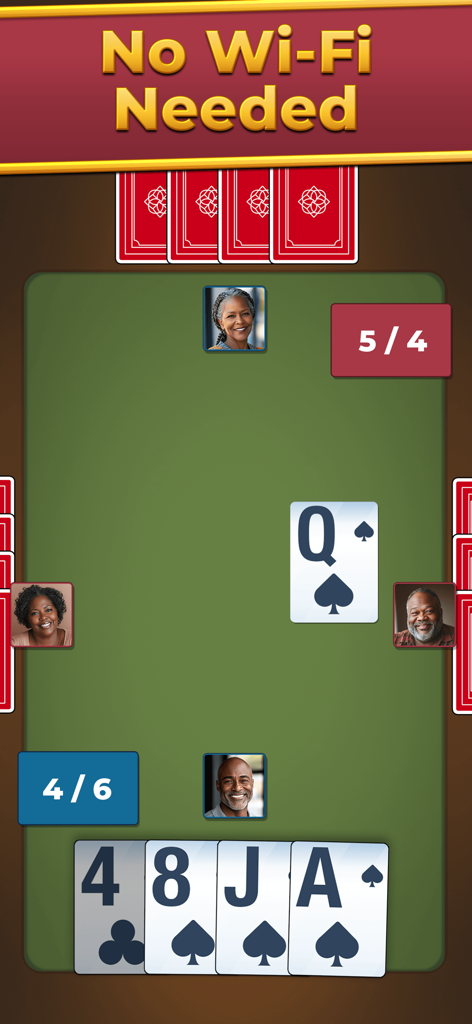 Spades For Seniors: Card Game - Uma interface de jogo de Spades com cartas grandes de alto contraste e avatares de jogadores apresentando um banner que diz Não é necessário Wi-Fi.