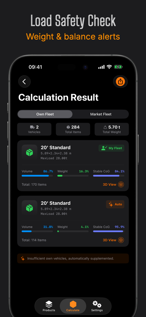 Smart Packer: 3D Cargo Planner - Interfaz de la aplicación Smart Packer que muestra los resultados del cálculo de carga con alertas de peso y balance para la carga optimizada de contenedores.