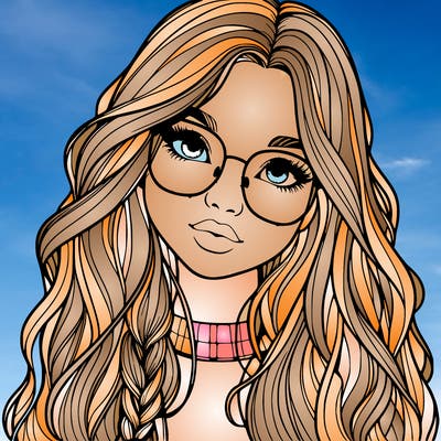 girl with long hair and freckles and glasses realistic